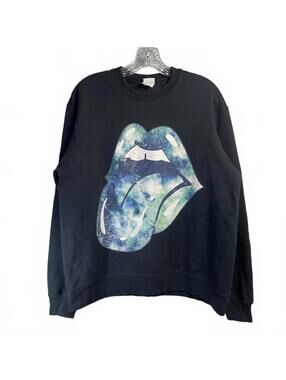 90's Y2K Black Galaxy Rolling Stones Lips & Tongue Sweatshirt Mens L Rock Band